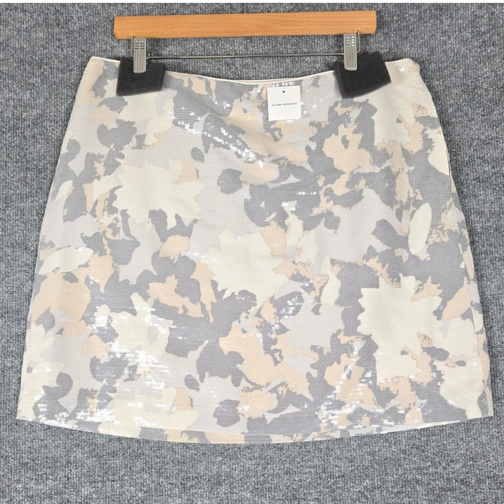 NWT Club Monaco Sequin Mini Skirt Pale Pink Rose Pale Camo Print Sz 14 MSRP $168